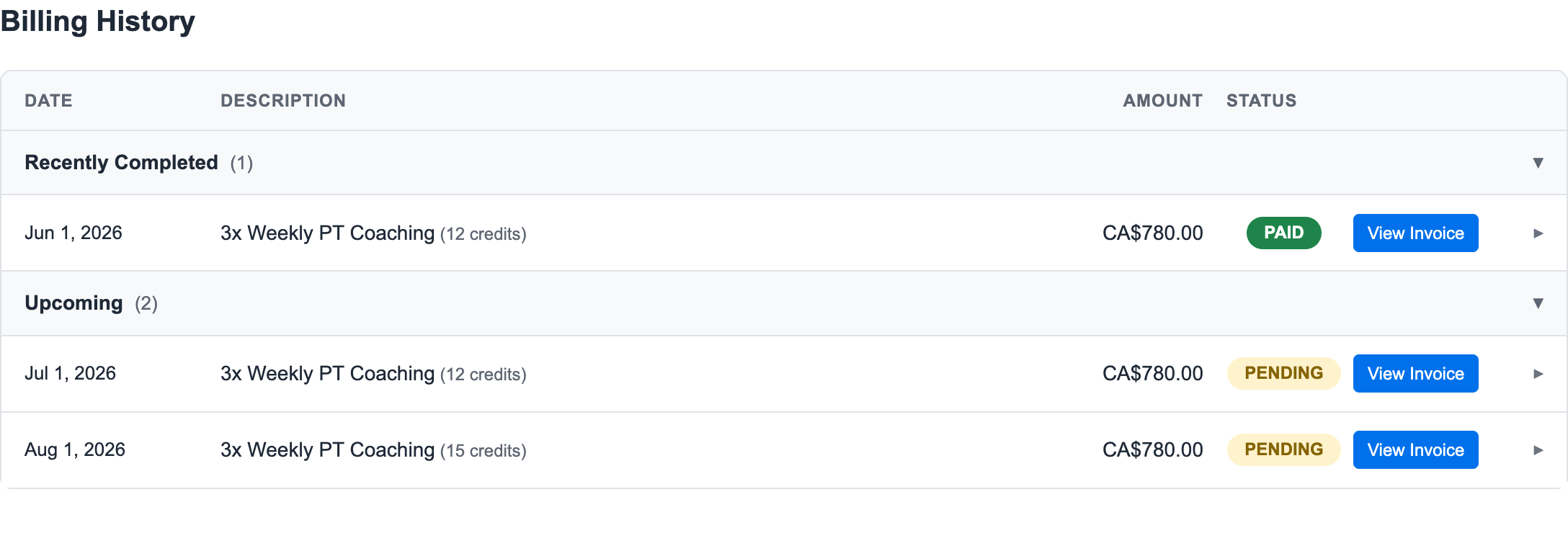 Member billing history view
