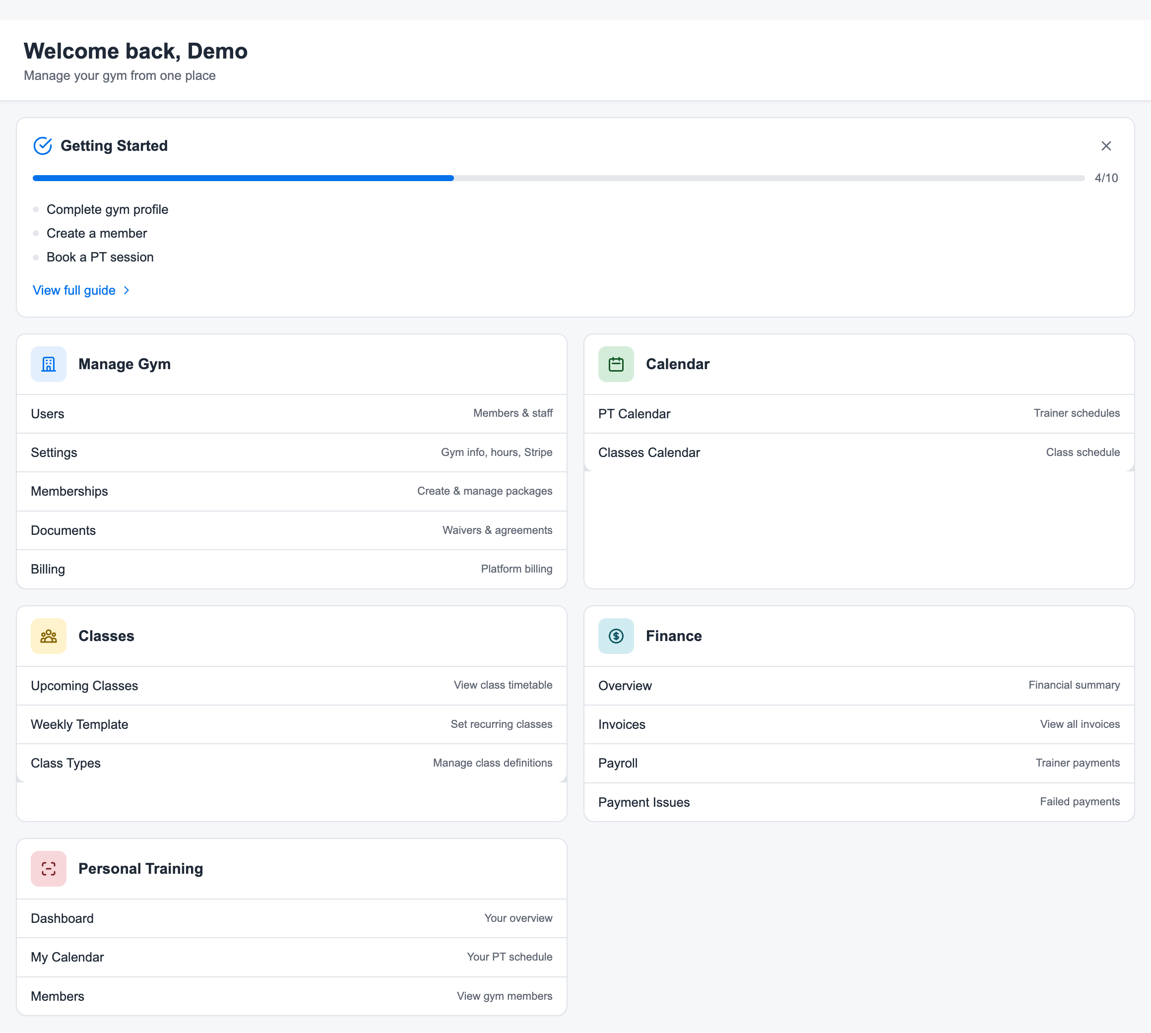 Easy Fitness Booking dashboard workspace with gym management, calendar, class, finance, and personal training sections