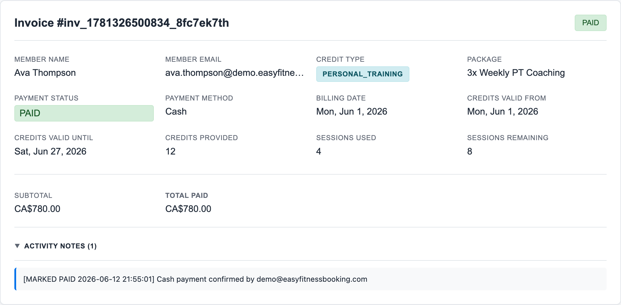 Invoice detail page showing payment status and activity notes expanded