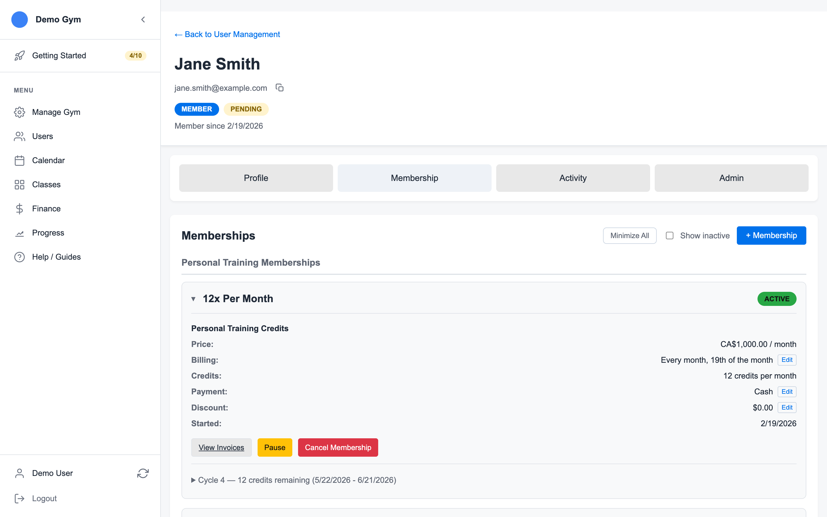 Member account membership tab showing billing, payment method, status, and pause actions