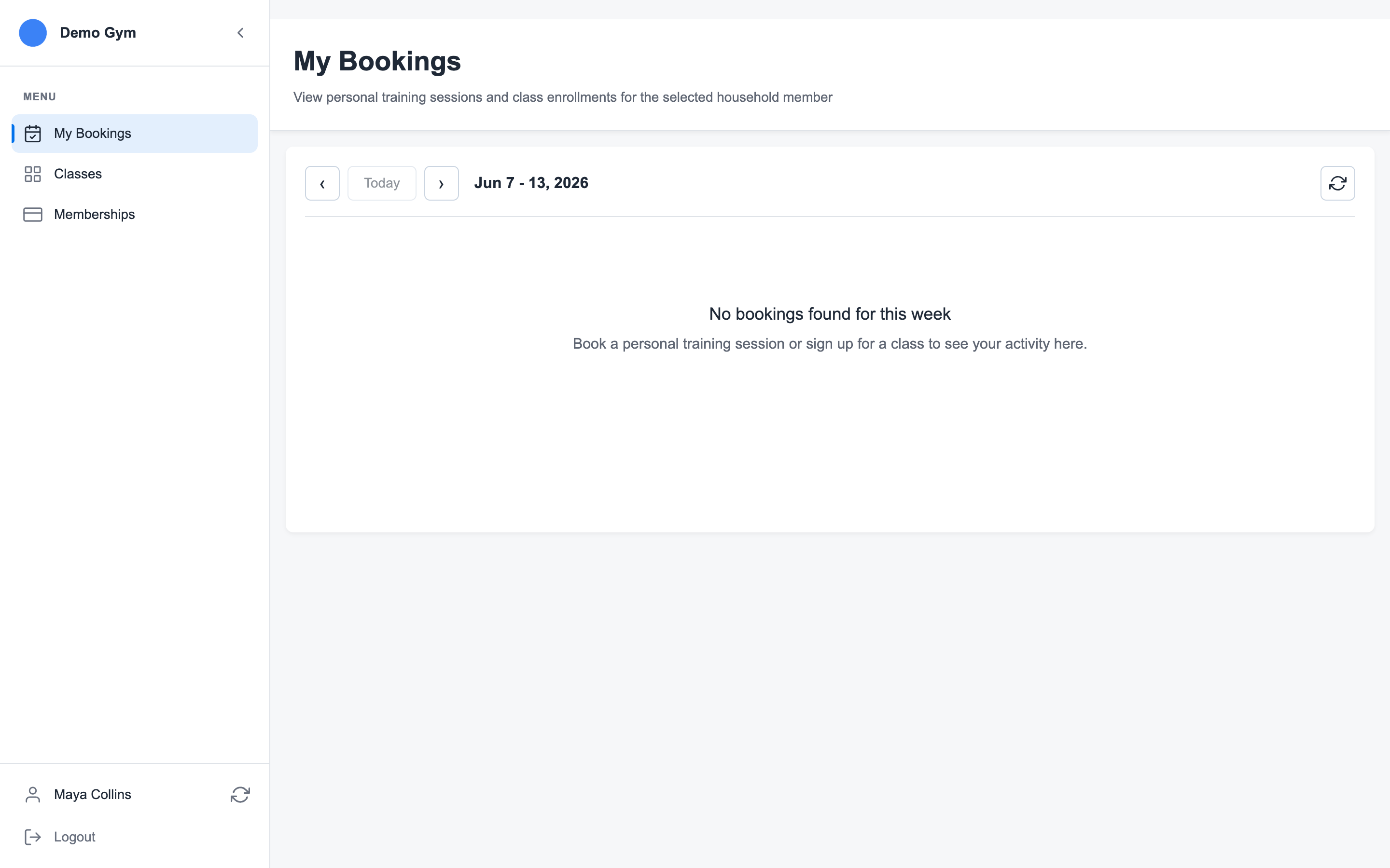 Member portal bookings page showing upcoming and past bookings