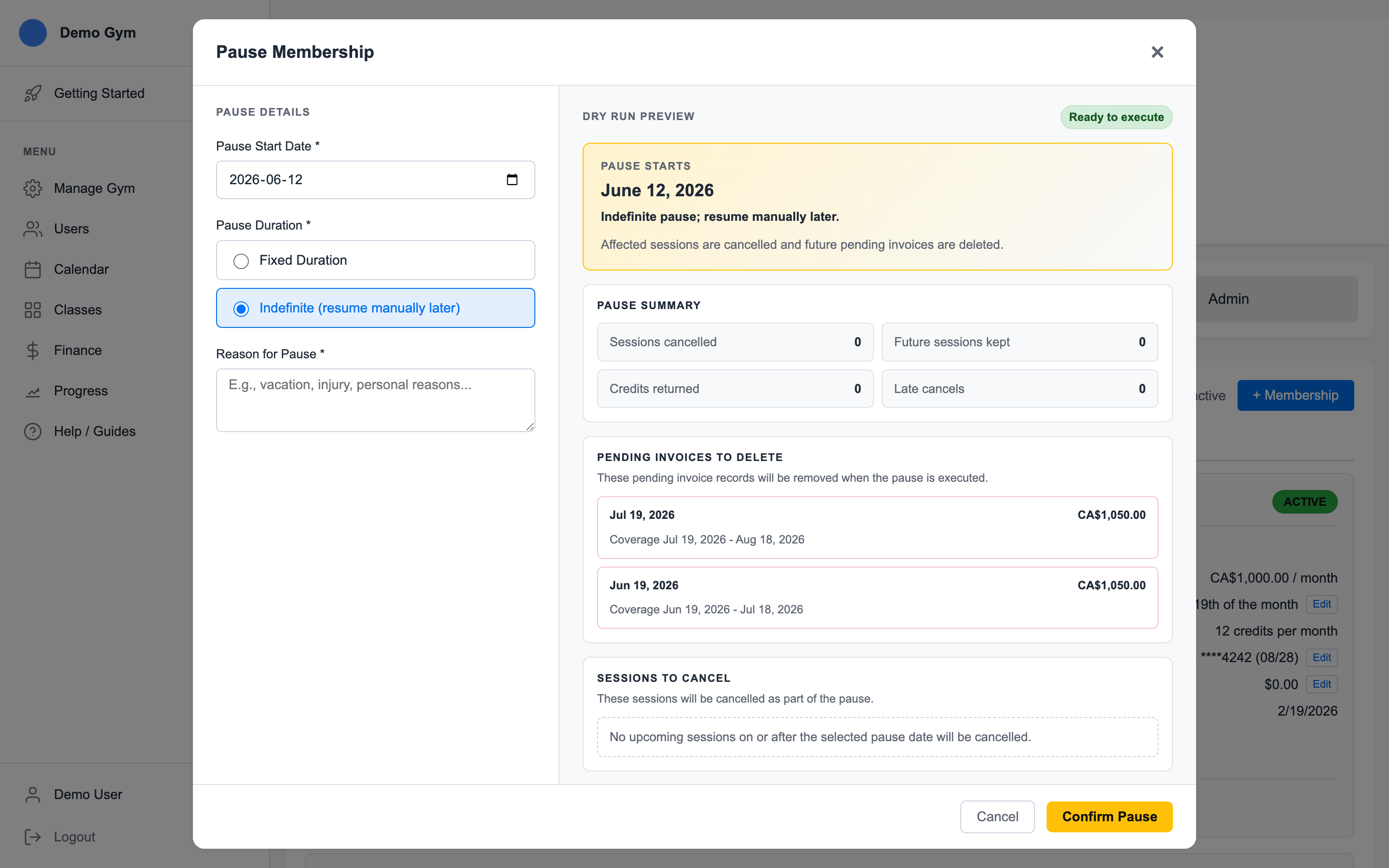 Pause membership modal showing pause details, dry-run preview, invoice impact, and confirmation controls