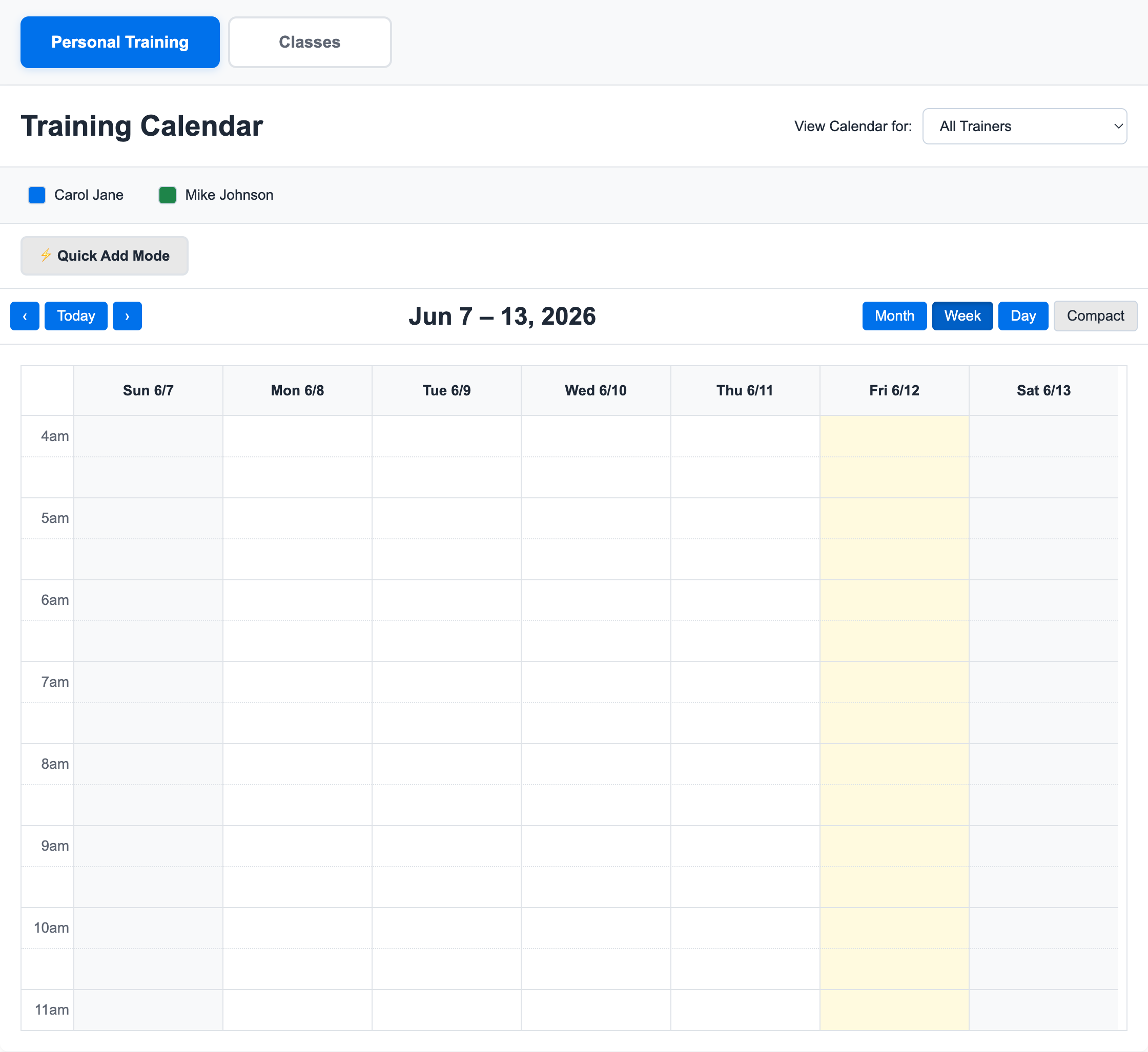 Personal training calendar workspace showing trainer schedule columns and booked sessions